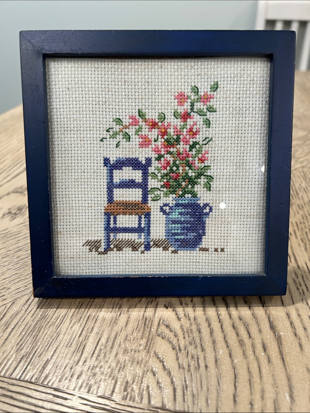 Framed Blue Chair & Floral Cross-Stitch Art - Home Accents